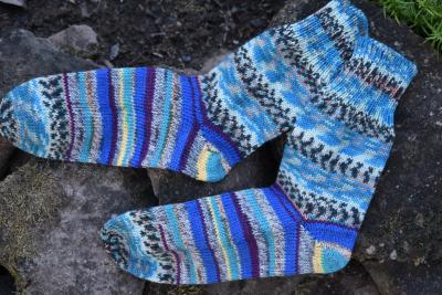35 - 36 gestrickte Socken Wollsocken türkis/ blau/ gelb