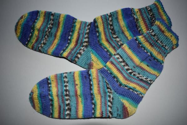 35 - 36 gestrickte Socken Wollsocken Fortissima grün/blau/gelb